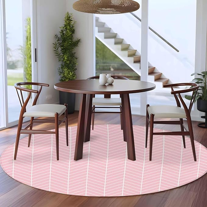 Pink Herringbone Stripes Large Round Rug 8Ft, Modern Abstract Geometric Pink Simple Lines Circle Area Rugs Washable Non Slip Indoor Floor Mats Carpet for Living Room Bedroom Dining Room Home Decor