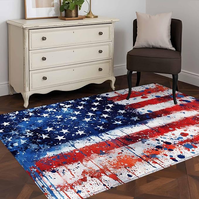 Mottled Red Blue White Stars Painted Flag 4'x6' Area Rugs, Washable Area Rugs Non-Slip Indoor Floor Mats Carpet for Living Room Bedroom Dining Room