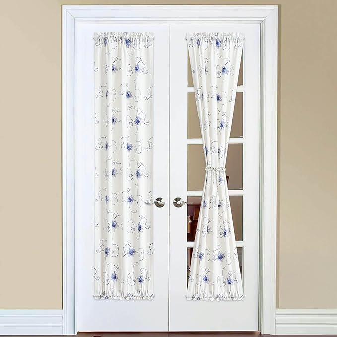 VOGOL French Door Curtains, Rod Pocket Light Filtering Curtains for Doors with Glass Window, Blue Foral Embroidery Design for Kitchen Patio Doors, 25 x 72 Inches, 1 Panel