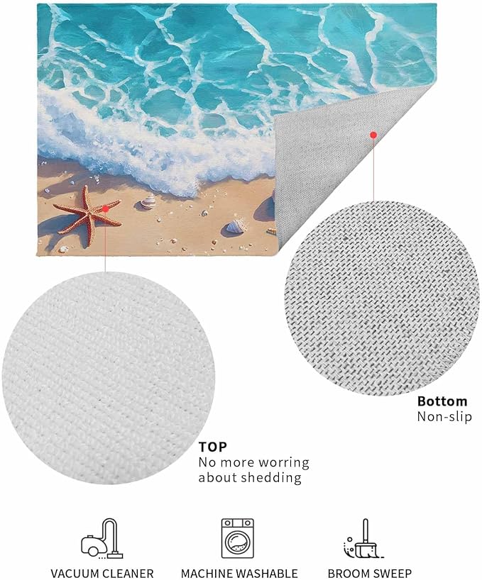 Front Door Mat Indoor Outdoor Summer Watercolor Ocean Beach Non-Slip Doormat Low Profile Patio Porch Entryway Rug 16x24in Marine Starfish Shell Spray