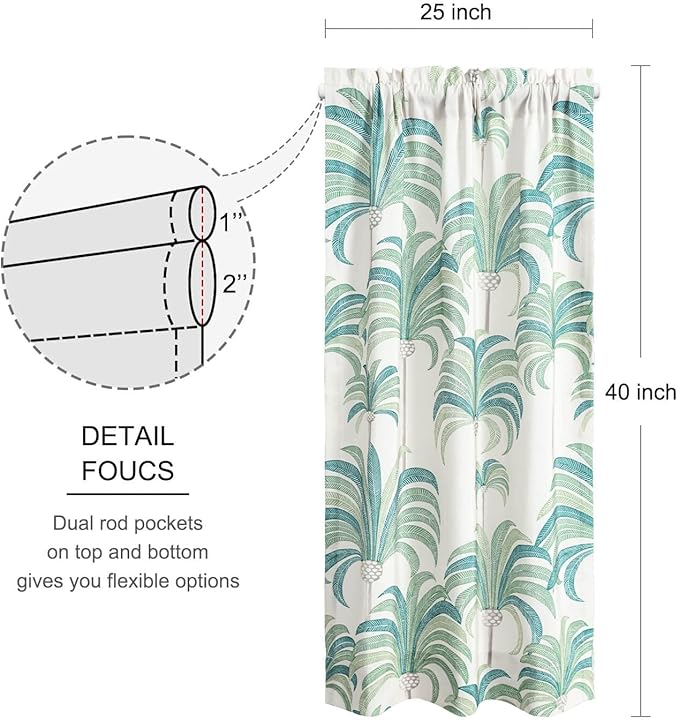 VOGOL Green French Door Curtains, Tropical Leaves Pattern Printed Window Panel with Tieback, 40 Inch Long Rod Pocket Curtain for Sliding Glass Door, 1 Panel