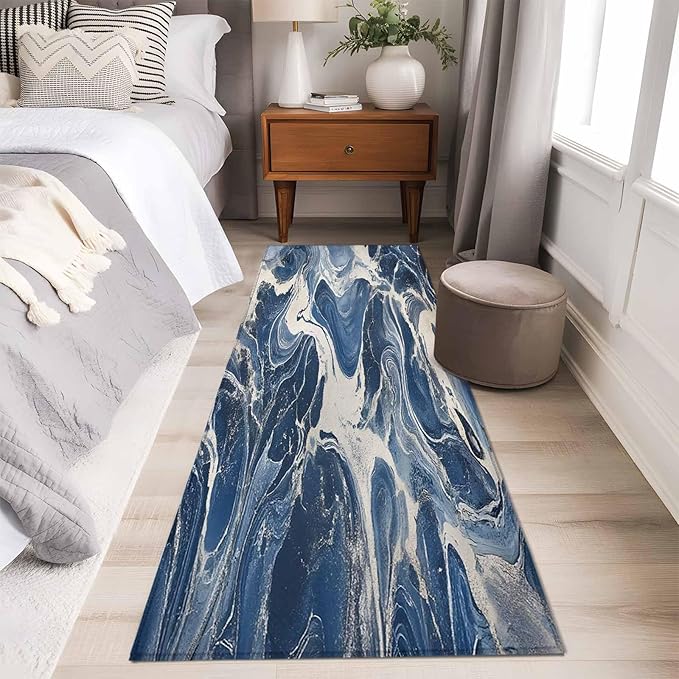 Impressionist Style Runner Rug 2'x6', White Blue Blurred Wash Hallway Runner Rugs Washable Non-Slip Bedside Floor Mats Carpet for Kitchen Bedroom Laundry Room Bathroom