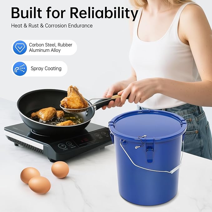 Grease Bucket 6 Gal, Fryer Oil Storage Container with Lid & Filter Bag, Portable Used Cooking Oil Disposal Can with Handle, Carbon Steel Grease Trap for Restaurant Kitchen Food Truck