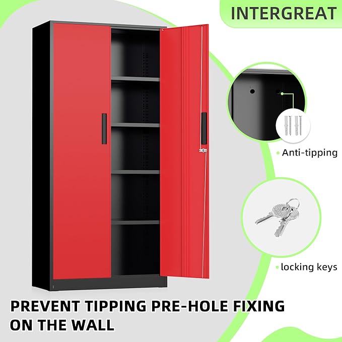 Bonusall 72" Metal Garage Storage Cabinet - 900lbs Heavy Duty Steel Cabinet with 3-Point Locking System & 4 Adjustable Shelves, Lockable Tall Storage for Garage, Office, Warehouse - Black & Red