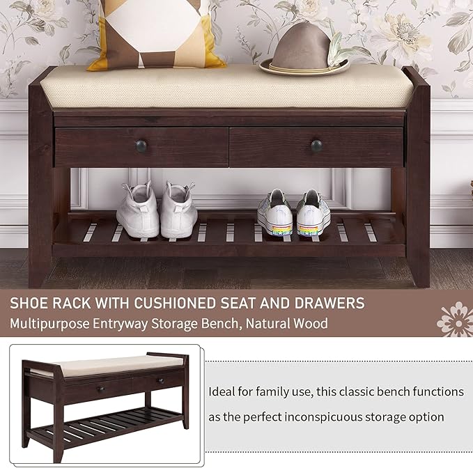 Knocbel Entry Storage Bench Shoes Rack with Cushioned Seat, 2 Drawers & Slatted Shelf, Living Room Entryway Hallway Foyer Shoe Bench Bedroom End of Bed Bench (Espresso 2-Drawer)