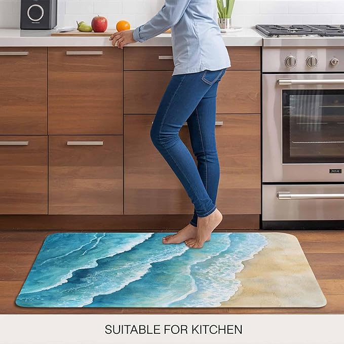 Abstract Waves Doormat Spray Blue Ocean Seaside Watercolor Non Slip Low Profile Rubber Door Mat Washable Absorbent Indoor Front Door Mat Entryway Rug Entrance Carpet 24x36 Inch
