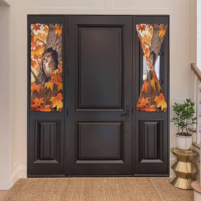 French Door Curtain Panel for Front Door, Cartoon Owl Maple Tree Hole Fall Slidelight Door Curtains with Tieback Light Filtering Privacy Panels for Doorway Entryway 25"x 40"
