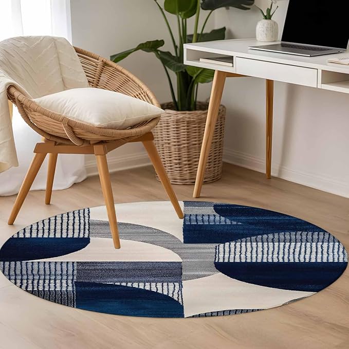 Modernism Round Rug 3.3 Ft, Blue White Geometric Abstract Design Samll Area Rugs Washable Non Slip Indoor Floor Mats Circle Carpet for Living Room Bedroom Dining Room Home