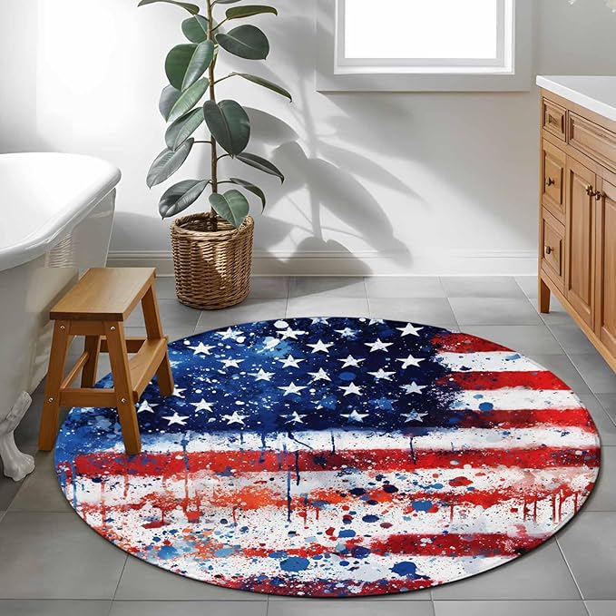 Mottled Red Blue White Stars Painted Flag Small Round Rug 3 Ft, Area Rugs Washable Non Slip Indoor Floor Mats Circle Carpet for Living Room Bedroom Dining Room Home Decor