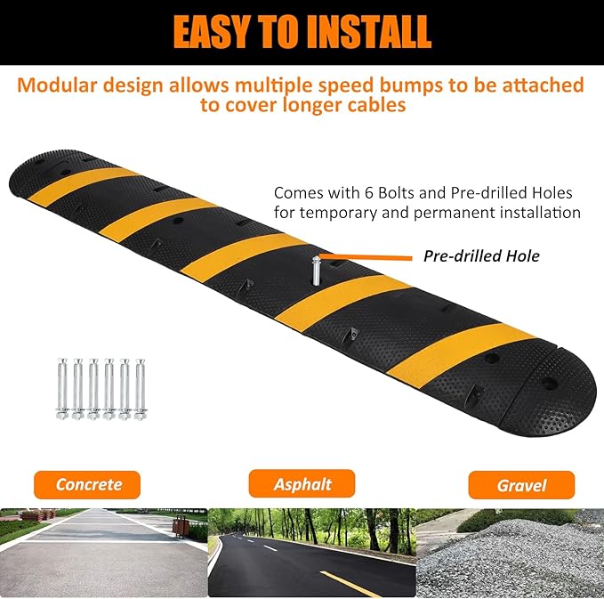 Towallmark 84'' Rubber Speed Bump, 2 Channel Modular Heavy Duty Speed Bumps Humps 25000 lbs Load Capacity, Cable Protector Ramp with 2 End Caps for Asphalt Concrete Gravel Driveway Road