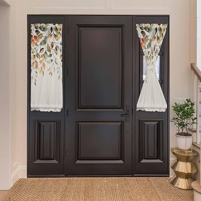 French Door Curtain Panel for Front Door, Plants Eucalyptus Leaves Orange Sage Green Fall Slidelight Door Curtains with Tieback Light Filtering Privacy Panels for Doorway Entryway 25"x 40"