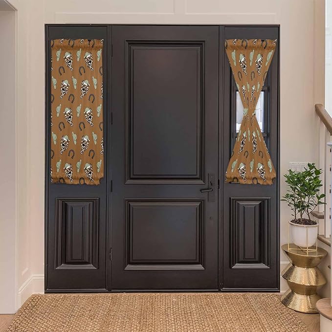 Christmas French Door Curtain Panel for Front Door, Western Horseshoe Christmas Hat Cactus Slidelight Door Curtains with Tieback Light Filtering Privacy Panels for Doorway Entryway 25"x 40"