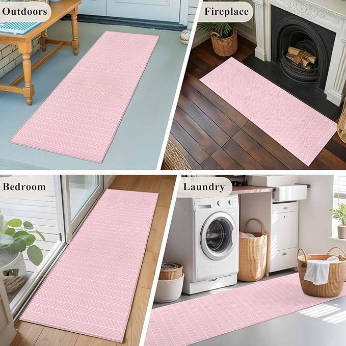 Pink Herringbone Stripes Runner Rug 2'x6', Modern Abstract Geometric Pink Simple Lines Hallway Runner Rugs Washable Non-Slip Bedside Floor Mats Carpet for Kitchen Bedroom Laundry Room Bathroom