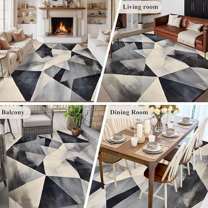 Color Block 5'x7' Area Rugs, Modernism Blue Beige Line Abstract Art Washable Area Rugs Non-Slip Indoor Floor Mats Carpet for Living Room Bedroom Dining Room