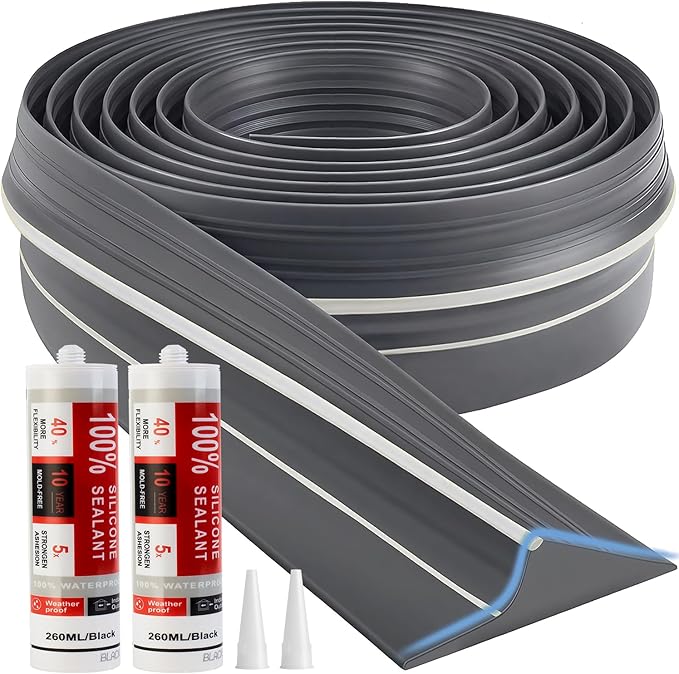 Jin&Bao Universal Garage Door Threshold Seal Strip 20FT Kit, Bottom Waterproof Rubber Weather Stripping Replacement（Gray, 2 Adhesive）