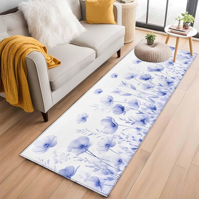 Flower Runner Rug 2'x6', Blue Hallway Runner Rugs Washable Non-Slip Bedside Floor Mats Carpet for Kitchen Bedroom Laundry Room Bathroom