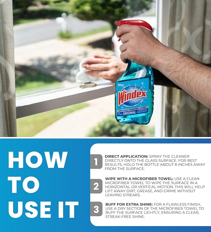 Commercial Line Glass and Surface Cleaner Spray 32 oz Bundle with Microfiber Cloth - Streak-Free Shine for Glass, Mirrors, and More - Window Cleaner with Ammonia-D Formula - (2 Items)