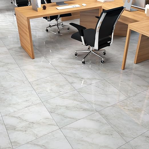 Wallercity Shiny White/Gray Peel and Stick Floor Tiles 18-Pack Self Adhesive Waterproof Vinyl Flooring Planks for Kitchen Bathroom Bedrooms 12x12 Inch Stick on Floor Tiles Linoleum Flooring Sheets