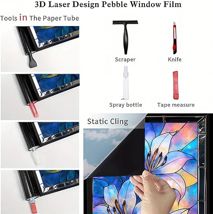 Blue Purple Lily Privacy Film Stained Glass Style Static Cling No Glue Decorative Panel Light Filtering Cover for Door Window Studio 17.7x39.3 inch