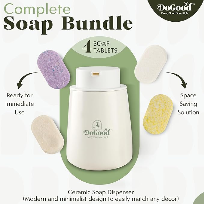 DoGood Foaming Hand Soap Starter Kit – Refillable 350 mL Ceramic Dispenser & 4 Scented Tablets – Eco-Friendly Zero-Waste Foam Soap (Lavender, Lemon, Eucalyptus, Sandalwood)