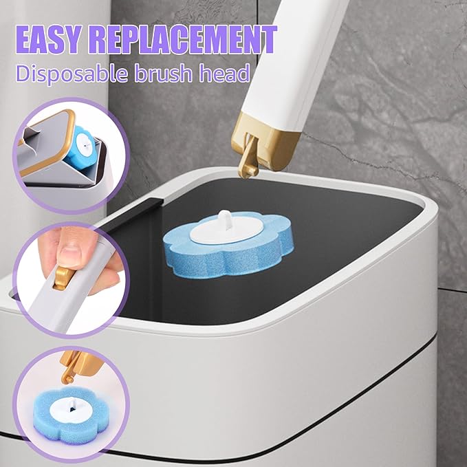 Disposable Toilet Brush Refills, Wall Mount Toilet Bowl Brush, Toilet Wand Refills with Extended Handle Cleaning Set, 360° Cleaning Toilet Brush Grip Suitable for Bathrooms (Grey Brush+18 Refills)
