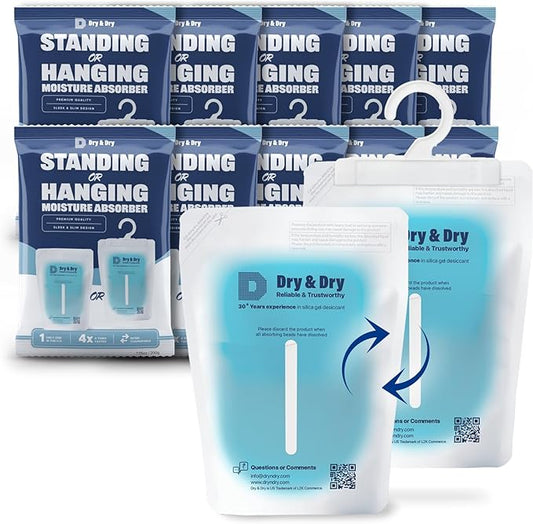 Dry & Dry 10 Packs Hybrid Moisture Absorbers to Control Excess Moisture for Basements, Closets, Bathrooms, Laundry Rooms - Moisture Absorbers, Standing or Hanging Moisture Absorbers