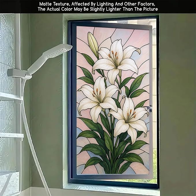 White Lily Privacy Film Stained Glass Style Static Cling No Glue Decorative Panel Light Filtering Cover for Door Window Bedroom Entryway 17.7x39.3 inch
