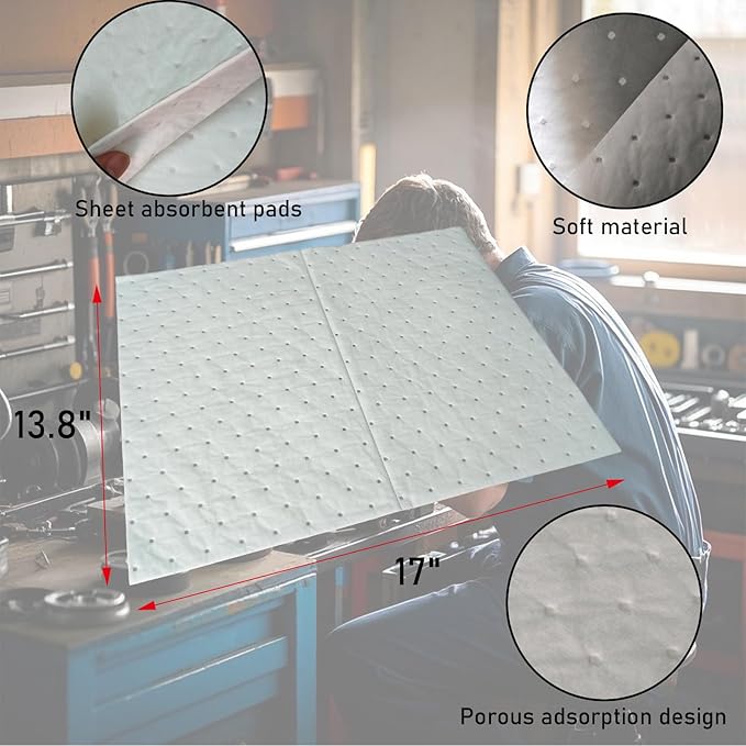 Oil Spill Absorbent Pads | 30-Pack 17"x13.8" Industrial & Marine Spill Mats | Leak & Spill Cleanup Pads for Garage, Marine Bilge, Engine Bay, Workshops | Repels Water