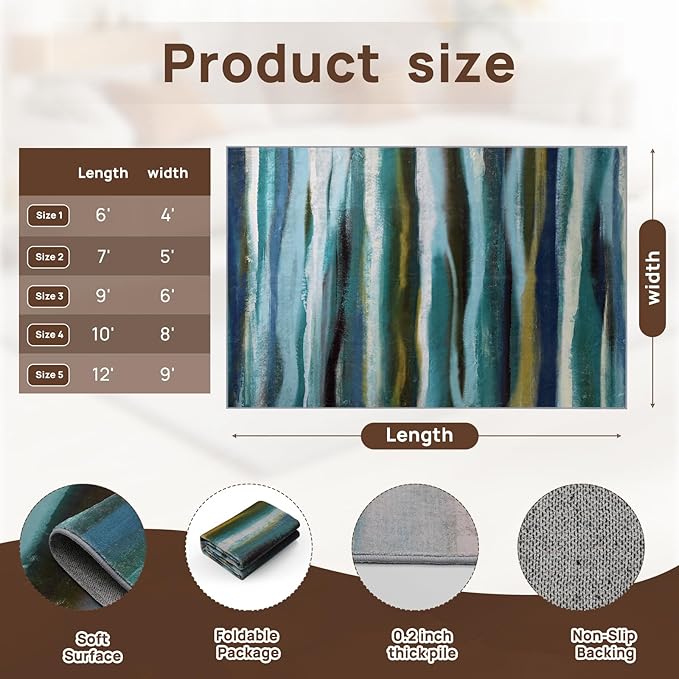 Abstract 3x5 Area Rug, Modern Stripe Teal Rugs for Entryway, Washable Soft Door Mat Non-Slip Floor Carpet for Dining Room Kitchen Bedroom - Teal/Multi