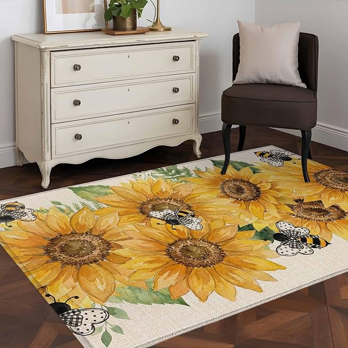 Watercolor Sunflower Cartoon Farmhouse Bee Linen Texture 3'x5' Area Rugs, Washable Area Rugs Non-Slip Indoor Floor Mats Carpet for Living Room Bedroom Dining Room