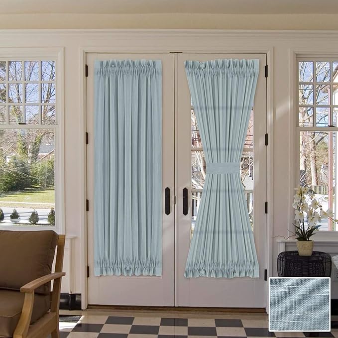 H.VERSAILTEX Linen French Door Sheer Curtains for Front Back Patio Glass Door Light Filtering Window Treatment with 2 Tiebacks 52 Wide and 72 Inches Length, Teal, 1 Panel