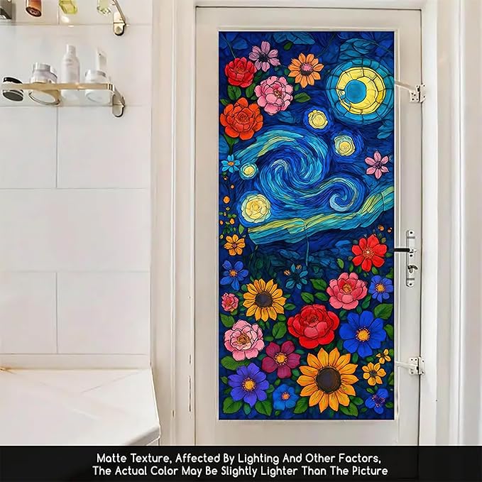 Starry Night Window Film Stained Glass Style Privacy Panel Static Cling Decorative Cover for Door Art Studio Sunroom Bedroom 17.7x39.3 inch