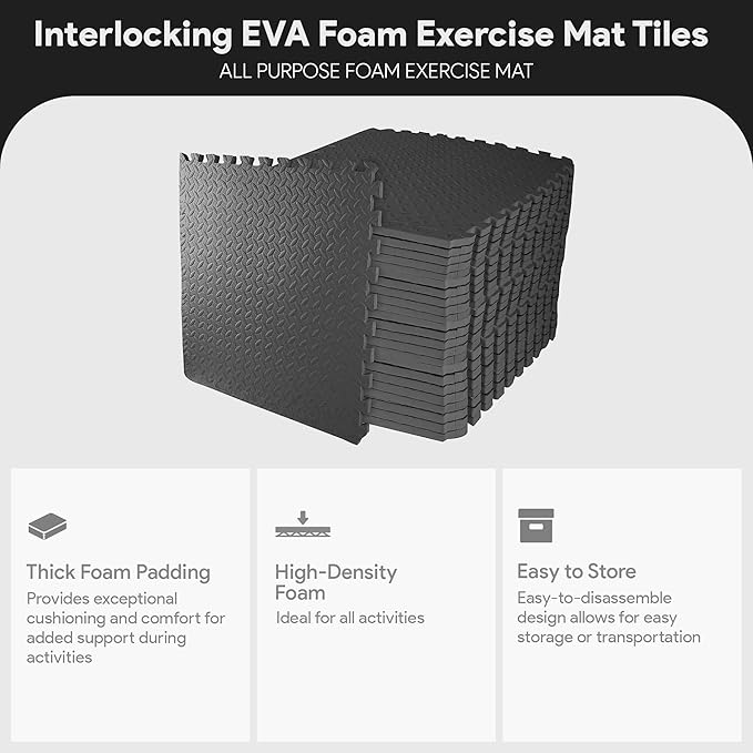 BalanceFrom Puzzle Exercise Mat 3/4' Thick, EVA Interlocking Foam Floor Tiles for Home Gym, Mat for Home Workout Equipment, Floor Padding for Kids, Black, 24 in x 24 in x 3/4 in, 96 Sq Ft - 24 Tiles