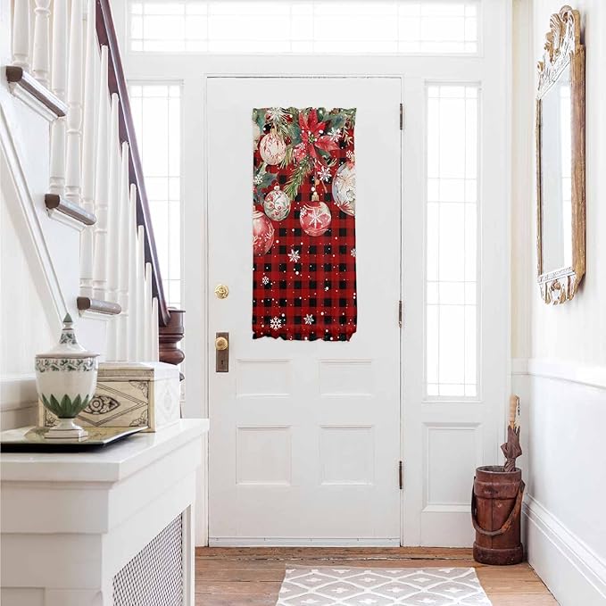 Christmas French Door Curtain for Front Door, Xmas Poinsettia Plants Various Balls Snow Black Red Plaid Slidelight Door Curtains with Tieback Light Filtering Privacy Panel for Entryway 25"x 40"