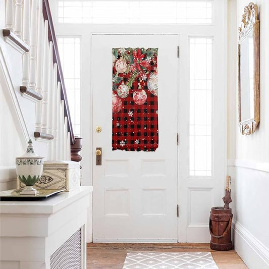 Christmas French Door Curtain for Front Door, Xmas Poinsettia Plants Various Balls Snow Black Red Plaid Slidelight Door Curtains with Tieback Light Filtering Privacy Panel for Entryway 25"x 40"