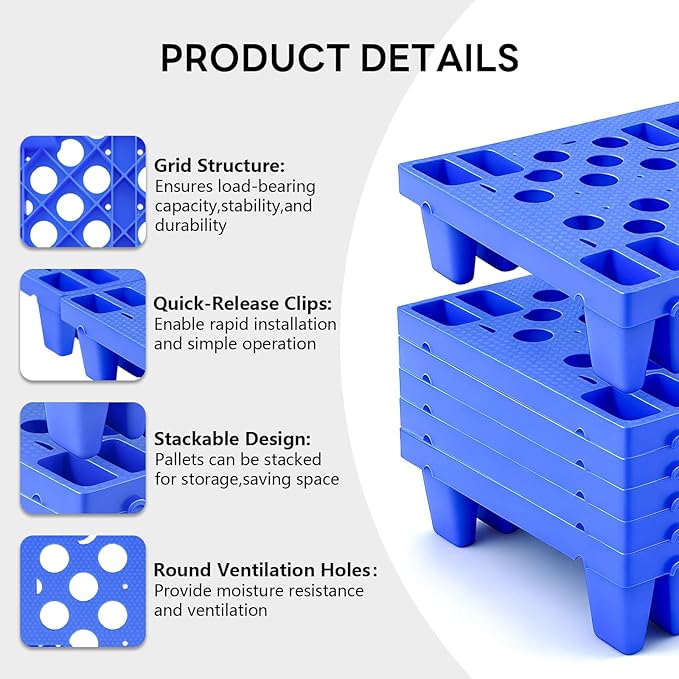 Plastic Pallets, 6pcs Blue Lightweight Nestable Polyethylene Pallets, Moisture-Proof Floor Pallets, Mini Spliceable Plastic pallets for Basement Storage Kitchen Garages L 19.7" x W 11.8"x H 3.9"