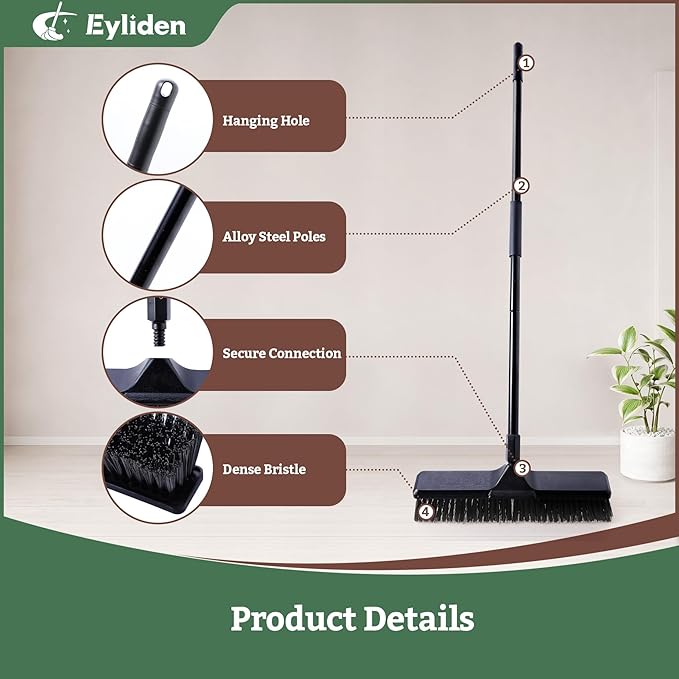 Eyliden Deck & Workshop 18" Push Broom - from Driveway to Patio, One Broom for Every Surface | 66" Adjustable Handle, Heavy-Duty Stiff Bristles Sweeper for Concrete Sidewalk Yard Garage & Snow, Black
