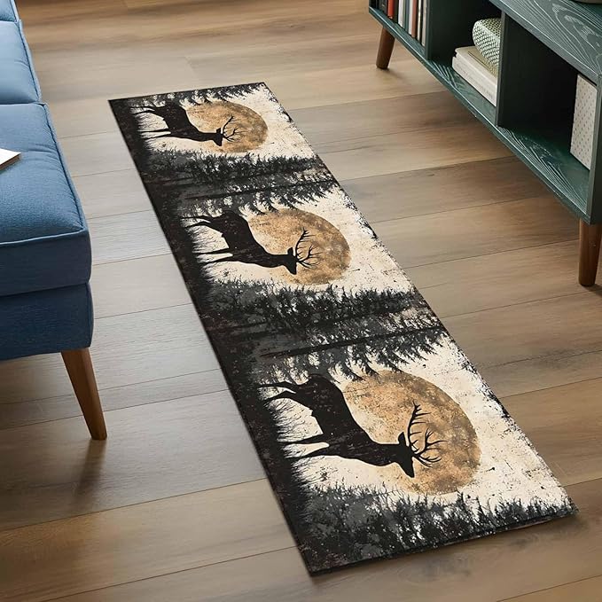 Deer Runner Rug 2'x6', Elk Silhouette Hallway Runner Rugs Washable Non-Slip Bedside Floor Mats Carpet for Kitchen Bedroom Laundry Room Bathroom