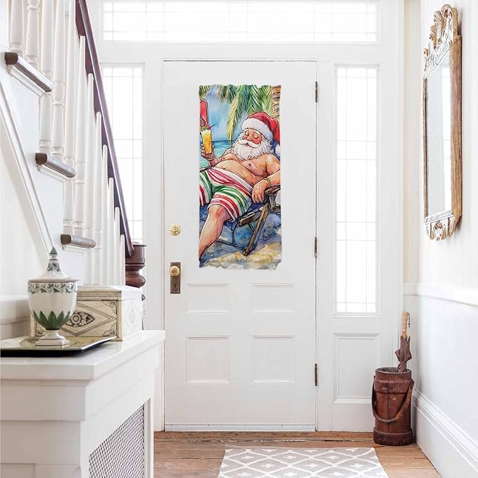 Christmas French Door Curtain Panel for Front Door, Merry Christmas Santa Claus Coconut Tree Slidelight Door Curtains with Tieback Light Filtering Privacy Panels for Doorway Entryway 25"x 40"