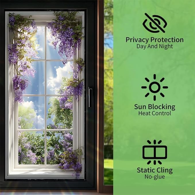 Window Privacy Film 17x39 Inch Wisteria Flower Design Peel and Stick Static Cling Decorative Window Film for Living Room Bedroom Bathroom Glass Door Covering