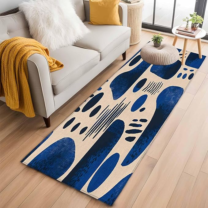Modernism Runner Rug 2'x6', Blue Black Geometric Abstract Style Hallway Runner Rugs Washable Non-Slip Bedside Floor Mats Carpet for Kitchen Bedroom Laundry Room Bathroom