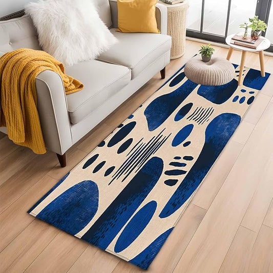 Modernism Runner Rug 2'x6', Blue Black Geometric Abstract Style Hallway Runner Rugs Washable Non-Slip Bedside Floor Mats Carpet for Kitchen Bedroom Laundry Room Bathroom
