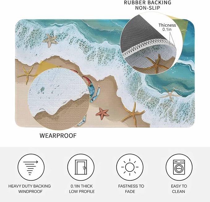 Turquoise Crab Doormat Ocean Spray Non Slip Low Profile Rubber Door Mat Washable Absorbent Indoor Front Door Mat Entryway Rug Entrance Carpet 16x24 Inch