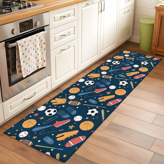 Cartoon Sports Runner Rug 2'x6', Baseball Soccer Basketball Rugby Sneakers Hallway Runner Rugs Washable Non-Slip Bedside Floor Mats Carpet for Kitchen Bedroom Laundry Room Bathroom
