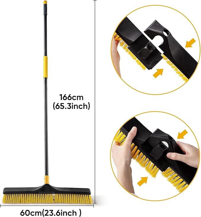 Yocada Push Broom Brush 24" Wide 65.3" Long Handle Stiff Bristles Heavy-Duty Outdoor Commercial for Cleaning Bathroom Kitchen Patio Garage Deck Concrete Wood Stone Tile Floor 3PCS