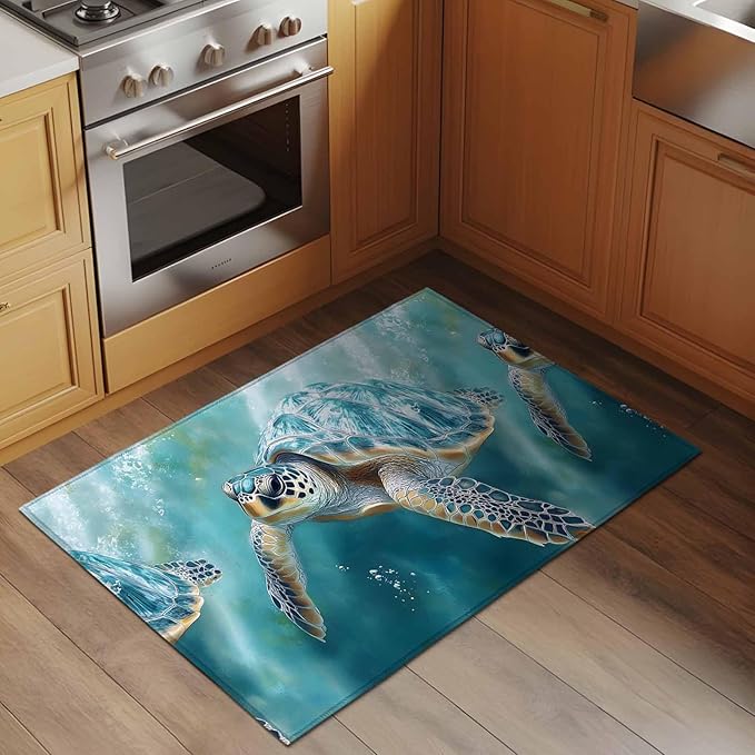 Marine Animal Entryway Rug 2'x3', Ocean Turtle Modern Art Abstract Style Small Area Rug Non-Slip Front Door Mat Washable Floor Carpet for Indoor Entrance Kitchen Bathroom