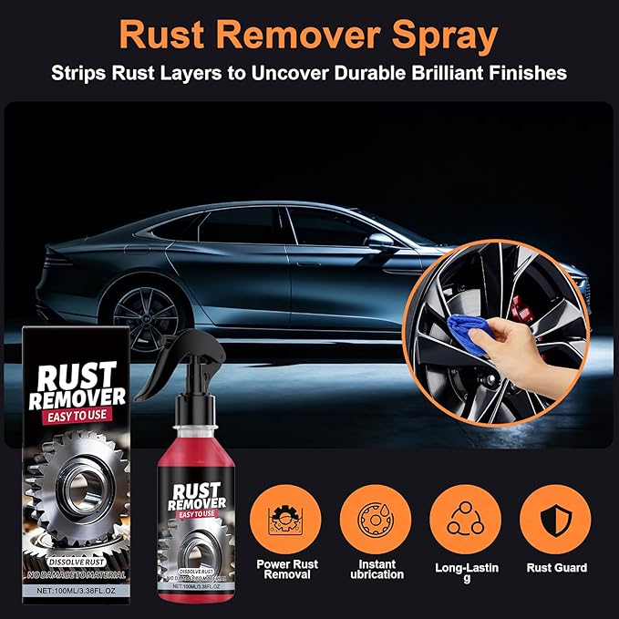 Rust Remover Spray for Metal, Heavy Duty Metal Cleaner, Multipurpose Rust Stain Remover for Vehicles, Tools, Chains, Fast-Acting Oxidation Remover, 3.38oz