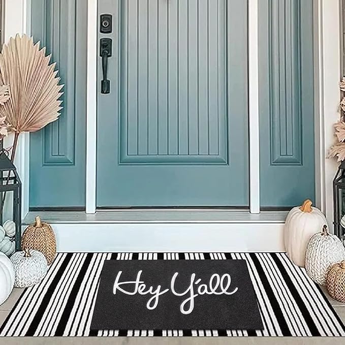 Outdoor Welcome Mat Entryway Hey Y'all Mats for Front Door Mats, with Rubber Backing Doormat Indoor Mat Polystyrene Non Slip Natural Mat Black 28" x 18"