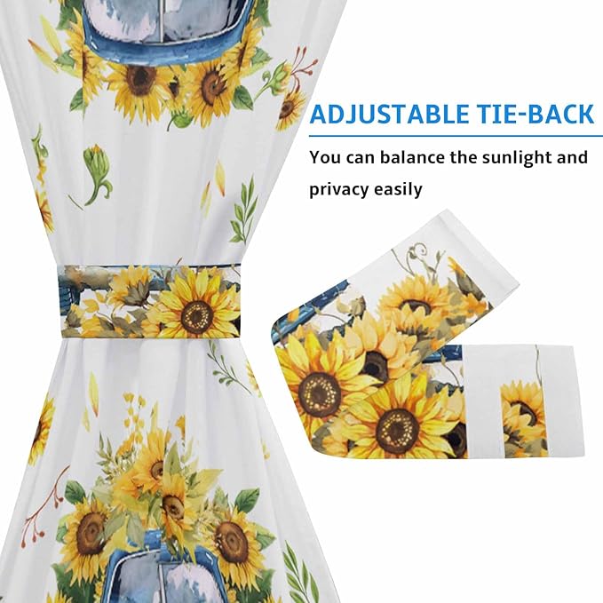 French Door Curtain Panel for Front Door Sunflower Blue Truck Summer Slidelight Door Curtains with Tieback Light Filtering Privacy Panels for Doorway Entryway 25"x 40"