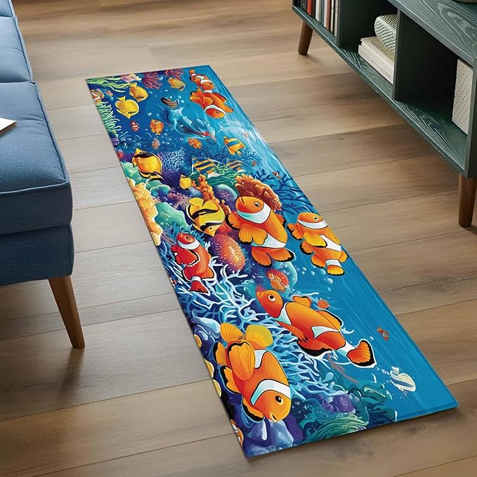 Ocean Marine Runner Rug 2'x6', Life Fish Coral Seagrass Underwater Coastal Hallway Runner Rugs Washable Non-Slip Bedside Floor Mats Carpet for Kitchen Bedroom Laundry Room Bathroom